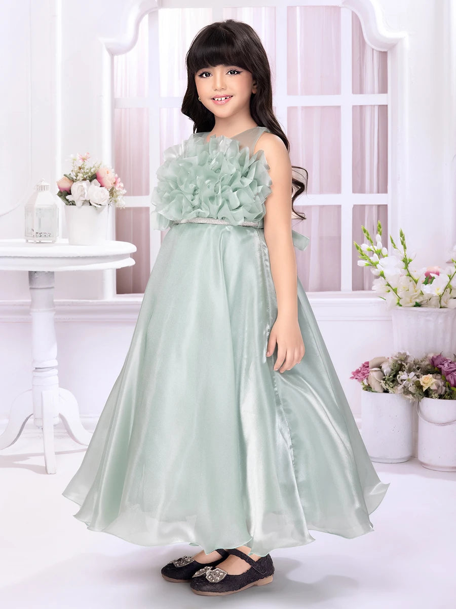 Beautiful Sea Green Satin Frock | Festive Wear for Girls