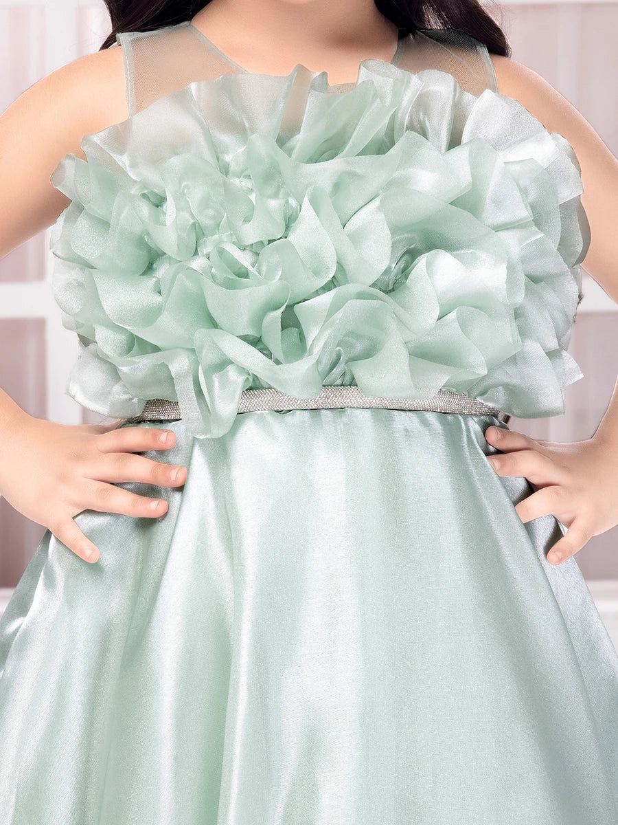 Beautiful Sea Green Satin Frock | Festive Wear for Girls