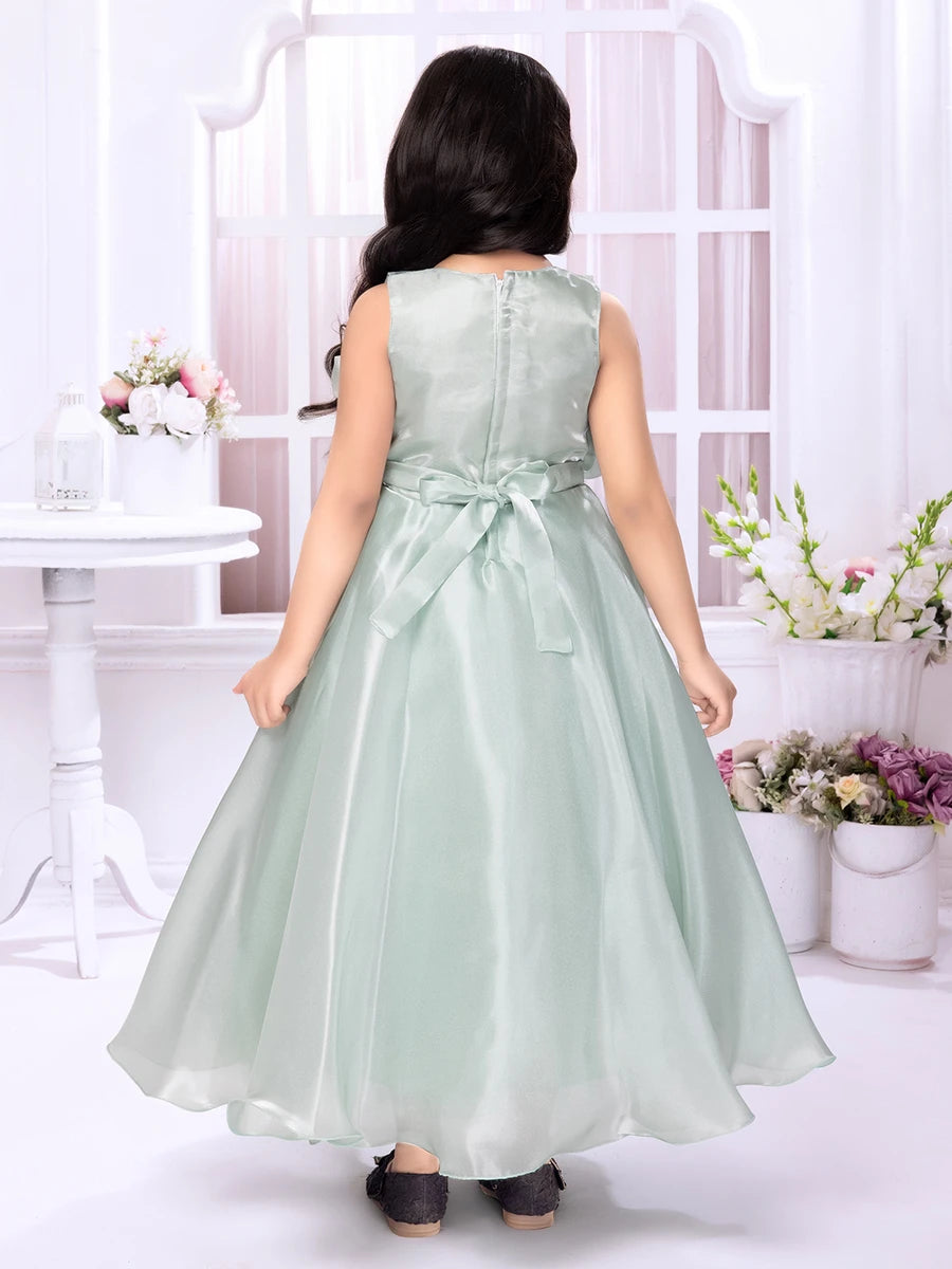 Beautiful Sea Green Satin Frock | Festive Wear for Girls