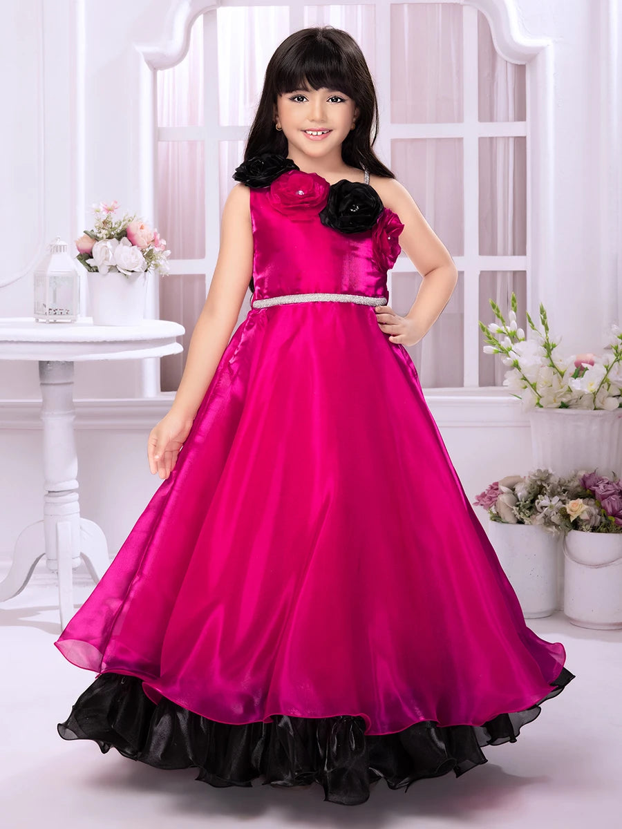 Stylish Anarkali Kids Collection | Rani Pink Satin with Brooch