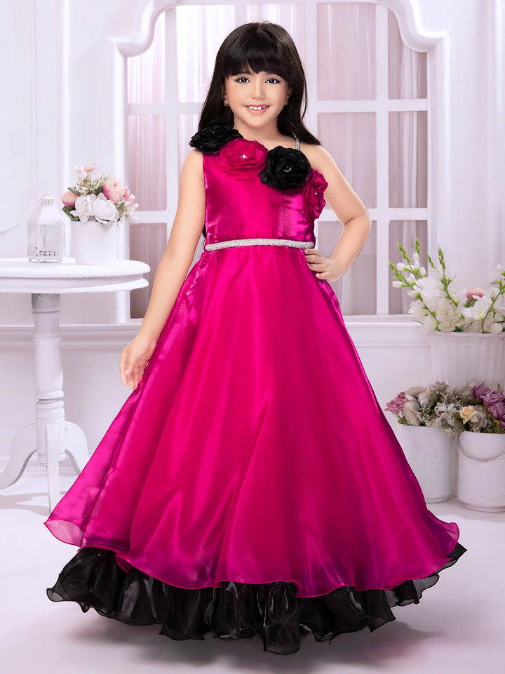 Stylish Anarkali Kids Collection | Rani Pink Satin with Brooch