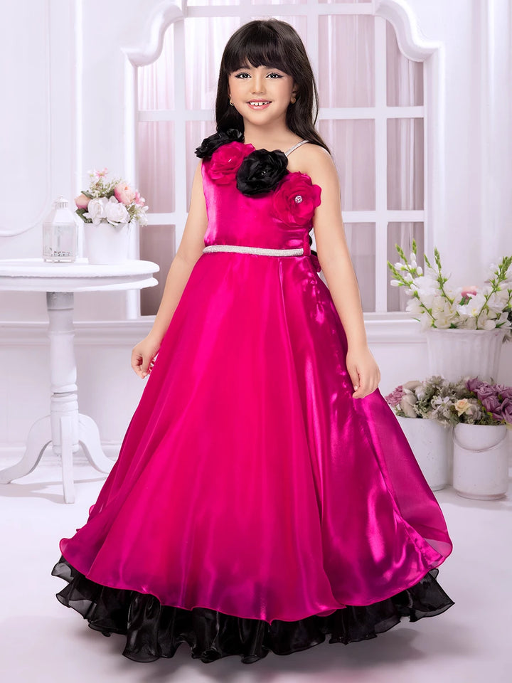Stylish Anarkali Kids Collection | Rani Pink Satin with Brooch