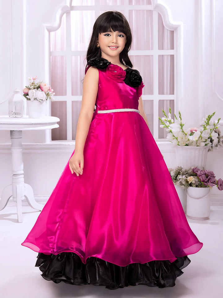 Stylish Anarkali Kids Collection | Rani Pink Satin with Brooch