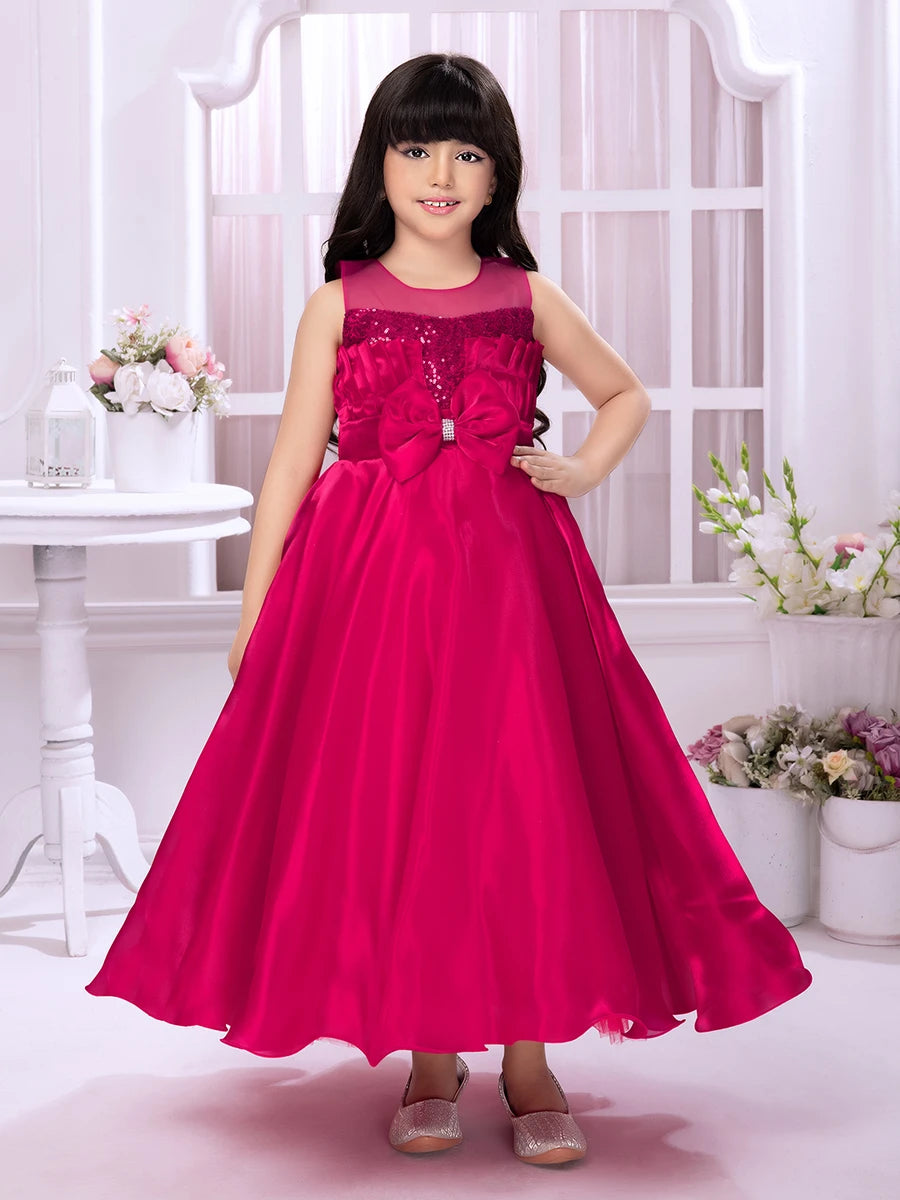 Classic Party Wear Anarkali | Dark Pink Satin Gown with Floral Design