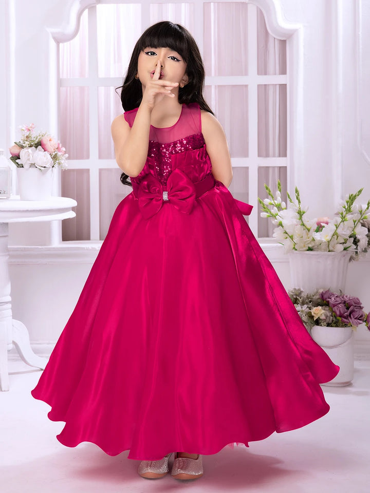 Classic Party Wear Anarkali | Dark Pink Satin Gown with Floral Design
