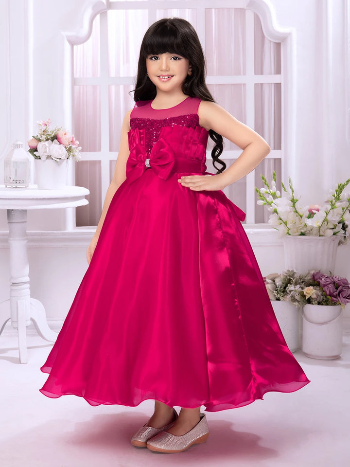 Classic Party Wear Anarkali | Dark Pink Satin Gown with Floral Design