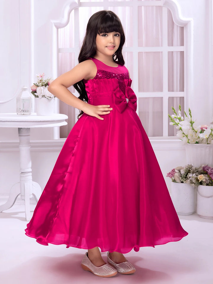 Classic Party Wear Anarkali | Dark Pink Satin Gown with Floral Design