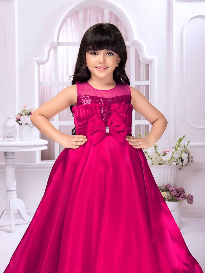 Classic Party Wear Anarkali | Dark Pink Satin Gown with Floral Design