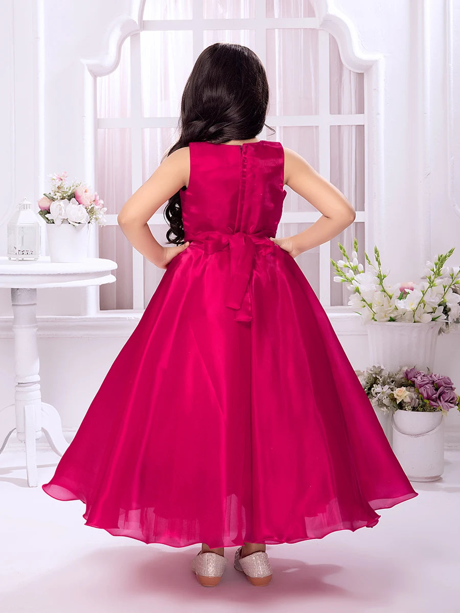 Classic Party Wear Anarkali | Dark Pink Satin Gown with Floral Design