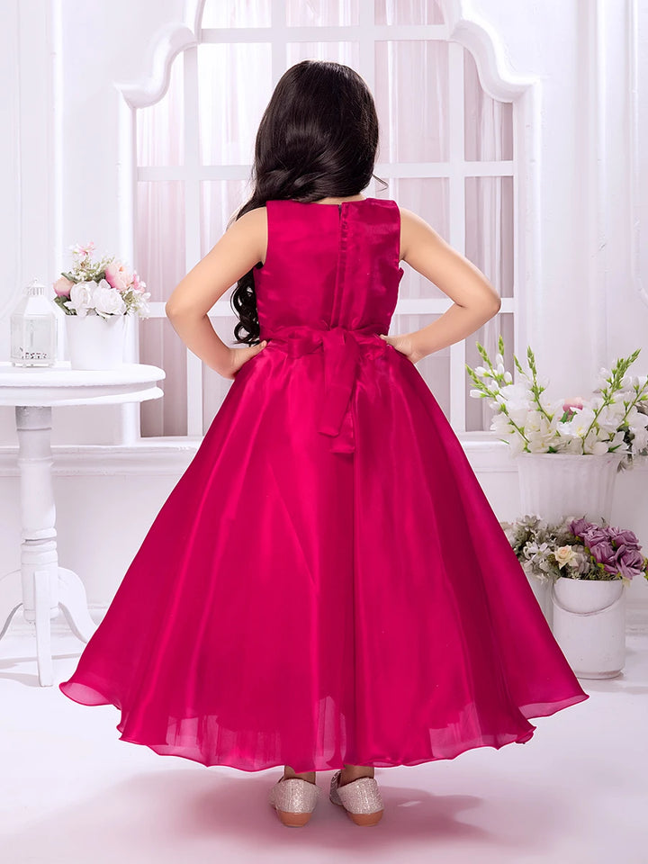 Classic Party Wear Anarkali | Dark Pink Satin Gown with Floral Design