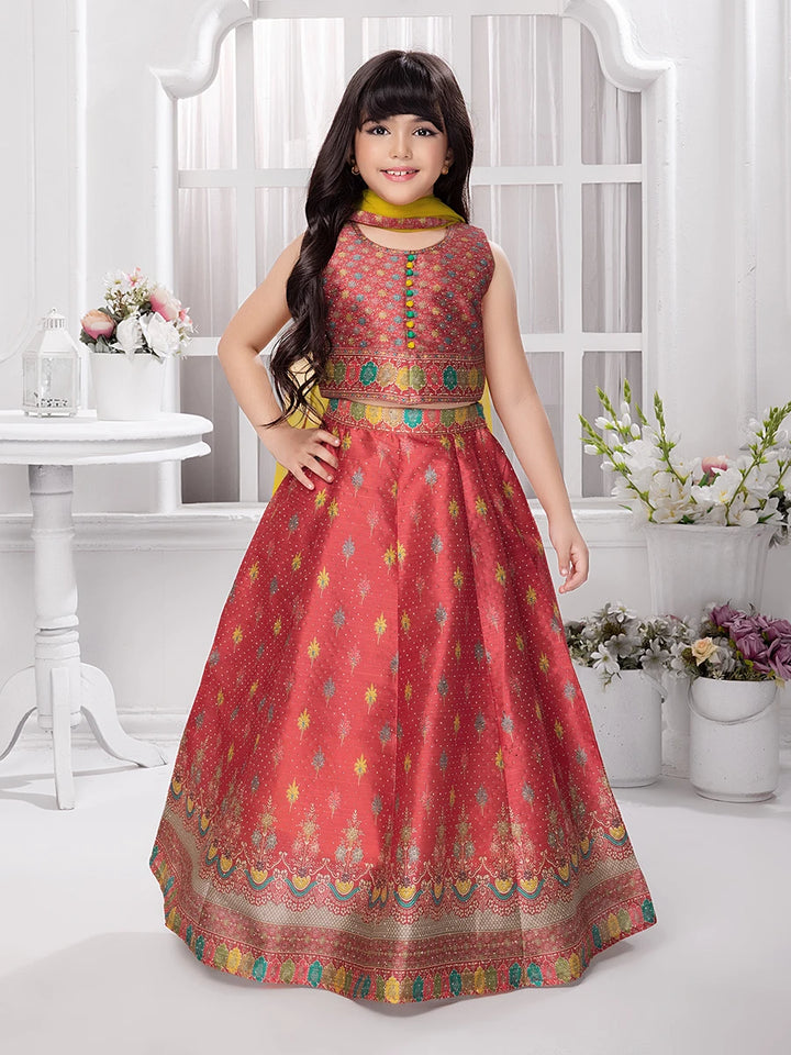 Ethnic Bright Red Silk Lehenga Choli | Festive Wear for Kids