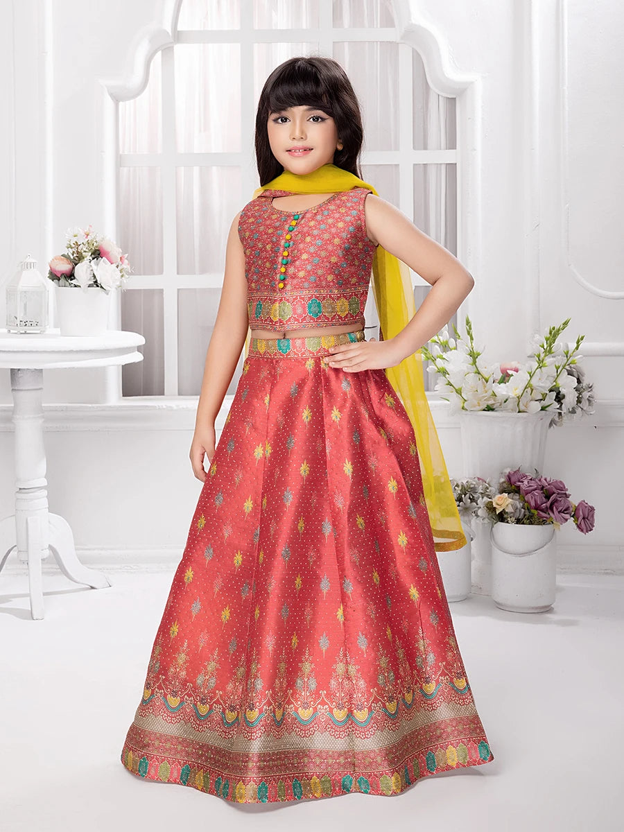 Ethnic Bright Red Silk Lehenga Choli | Festive Wear for Kids
