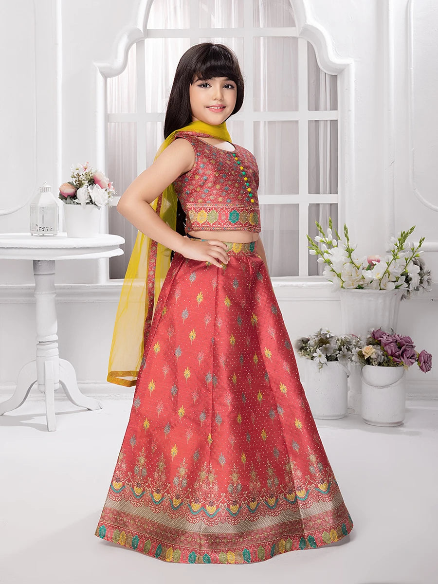 Ethnic Bright Red Silk Lehenga Choli | Festive Wear for Kids
