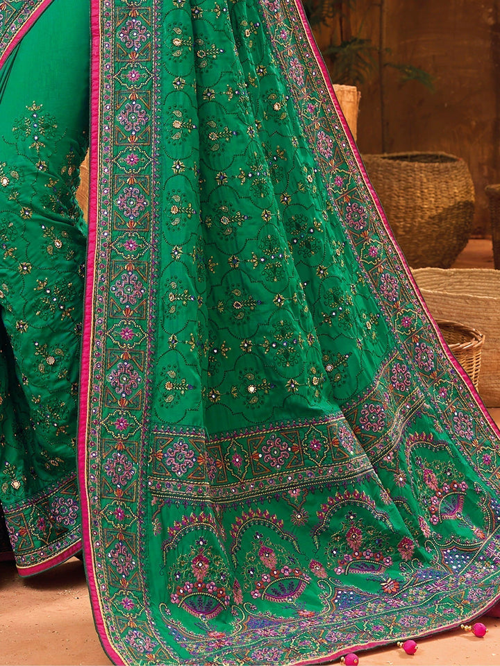 Top Enticing Green Mirror Work Banarasi Silk Saree with Blouse