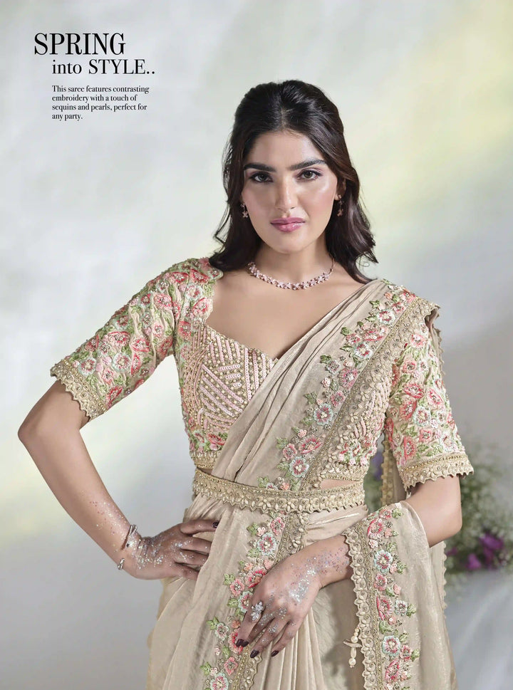 Buy Luxurious Cream Satin Silk Saree with Moti & Sequins Details