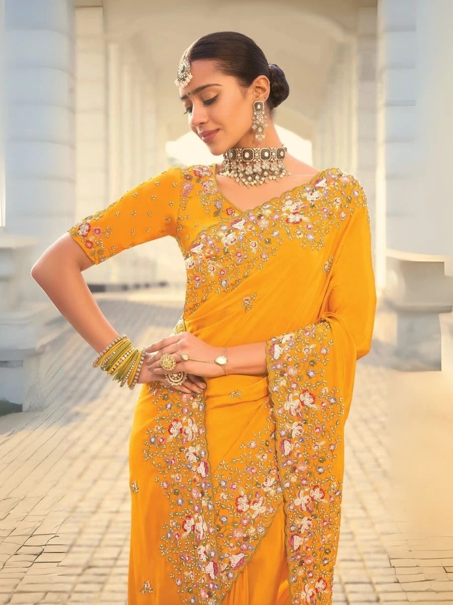 Traditional Mustard Saree with Jarkan & Moti Detailing | Silverbin