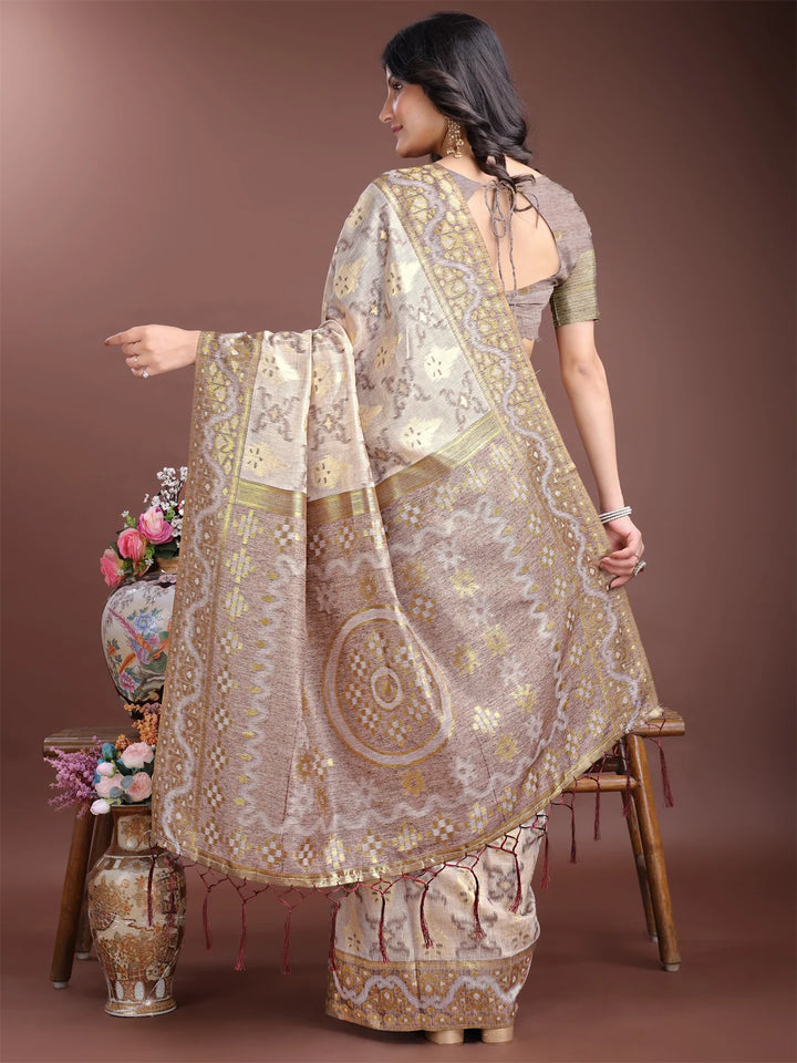 Traditional brown saree with Jacquard detailing

