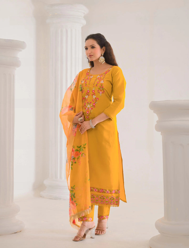 Traditional mustard Chanderi salwar suit for women

