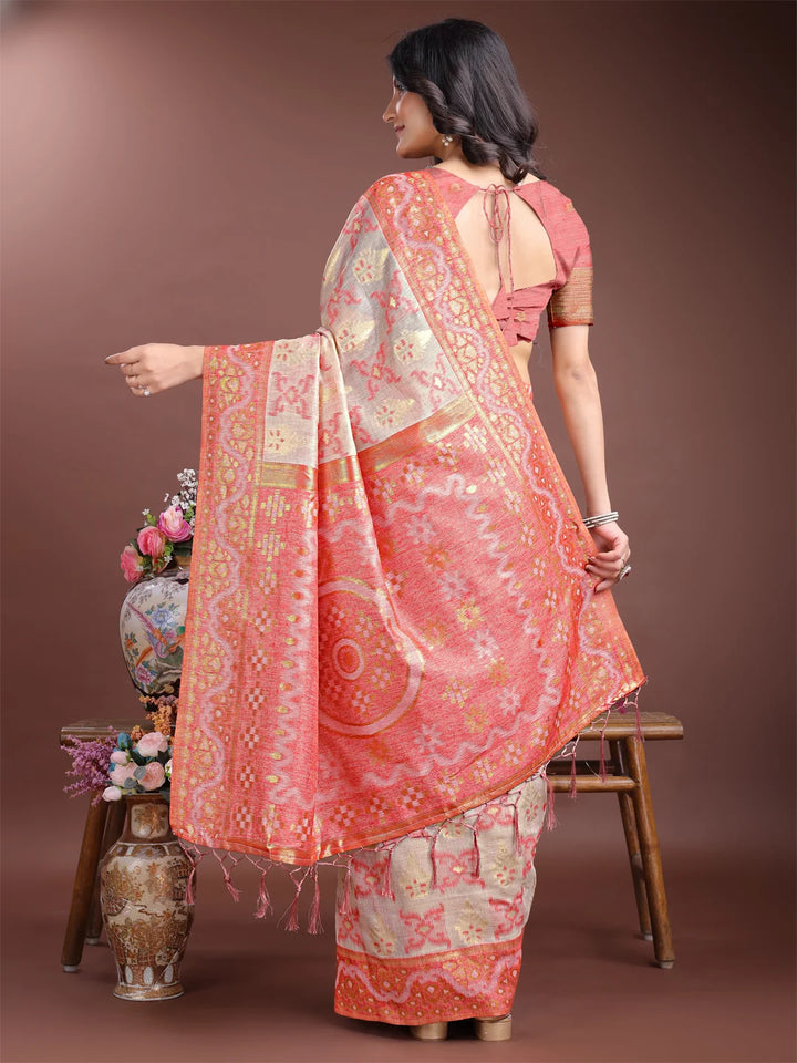Traditional pink linen cotton saree with blouse

