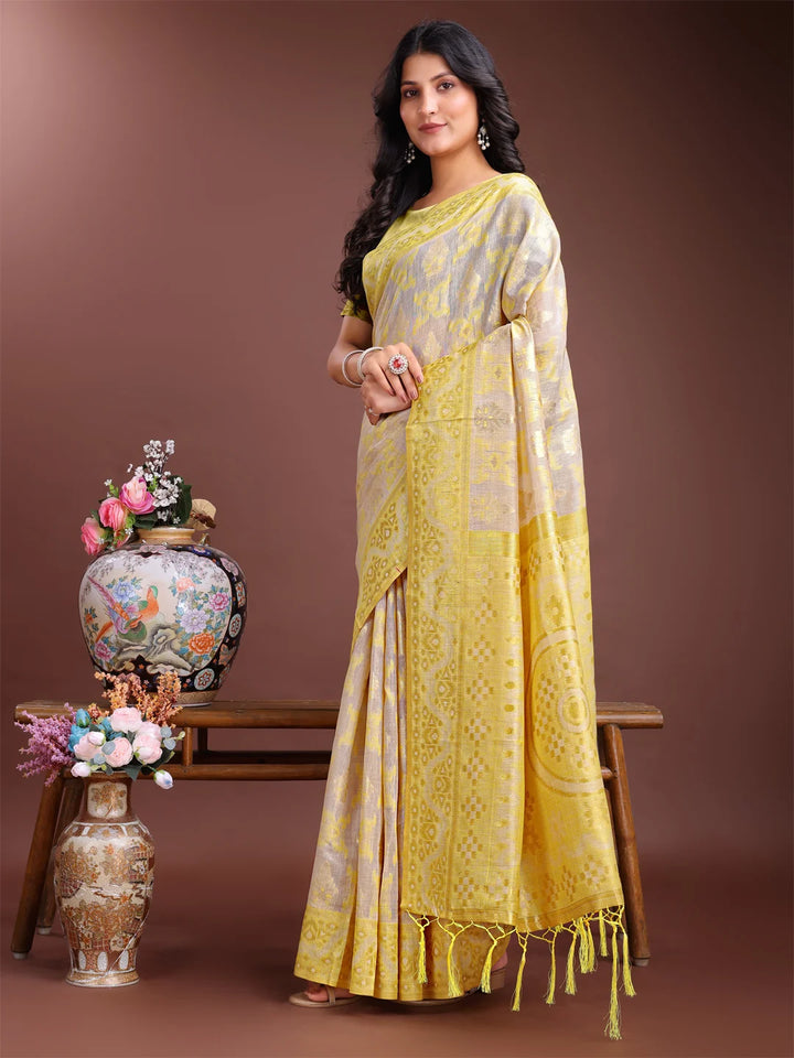 Traditional yellow saree in soft cotton-linen fabric

