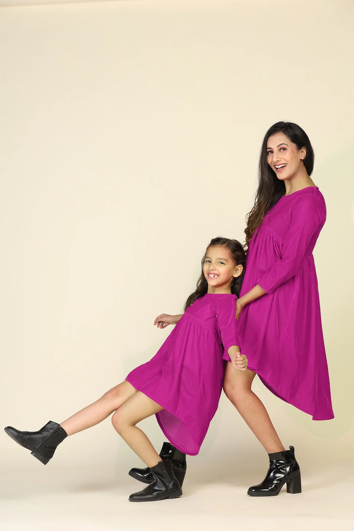Dark pink Trendy Fuchsia High-Low Dresses for Mom and Daughter - Matching Set