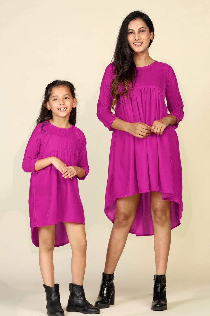 Dark pink Trendy Fuchsia High-Low Dresses for Mom and Daughter - Matching Set
