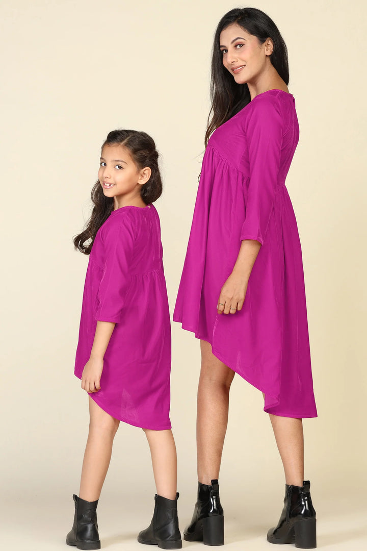 Dark pink Trendy Fuchsia High-Low Dresses for Mom and Daughter - Matching Set