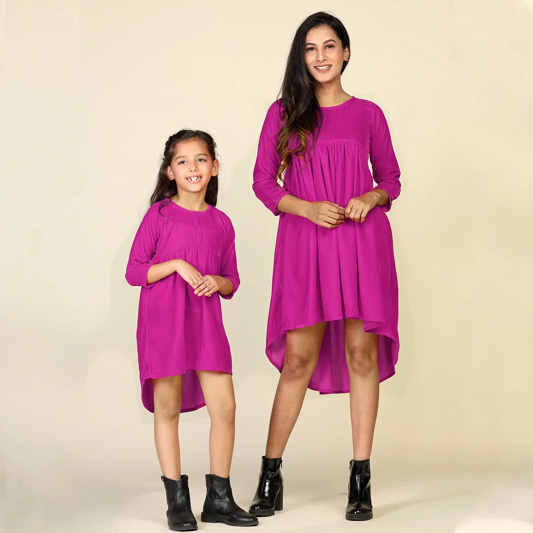 Dark pink Trendy Fuchsia High-Low Dresses for Mom and Daughter - Matching Set