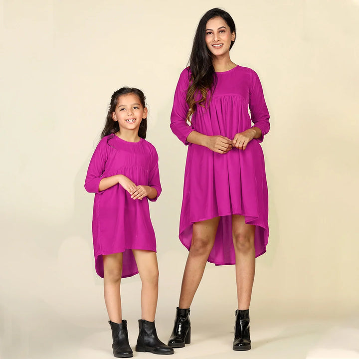 Dark pink Trendy Fuchsia High-Low Dresses for Mom and Daughter - Matching Set