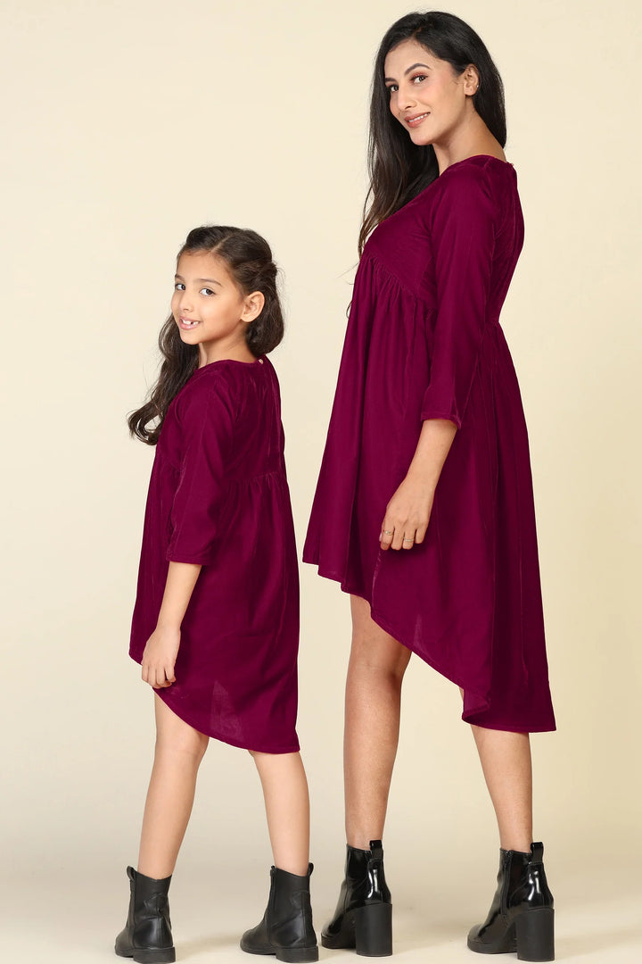 Trendy Maroon High-Low Dresses for Mom and Daughter - Matching Set
