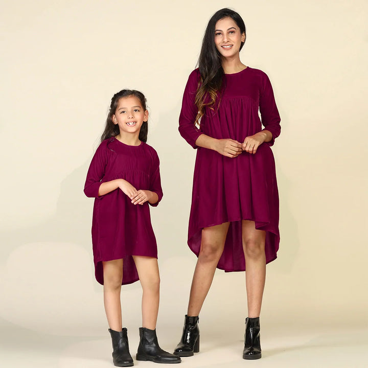 Trendy Maroon High-Low Dresses for Mom and Daughter - Matching Set