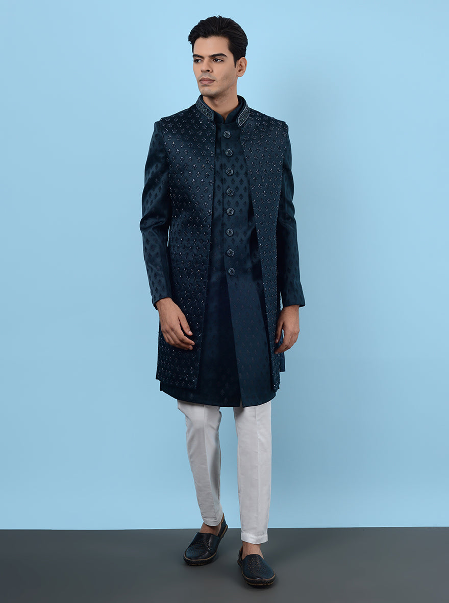Classic green jacquard men’s outfit, traditional embroidered style