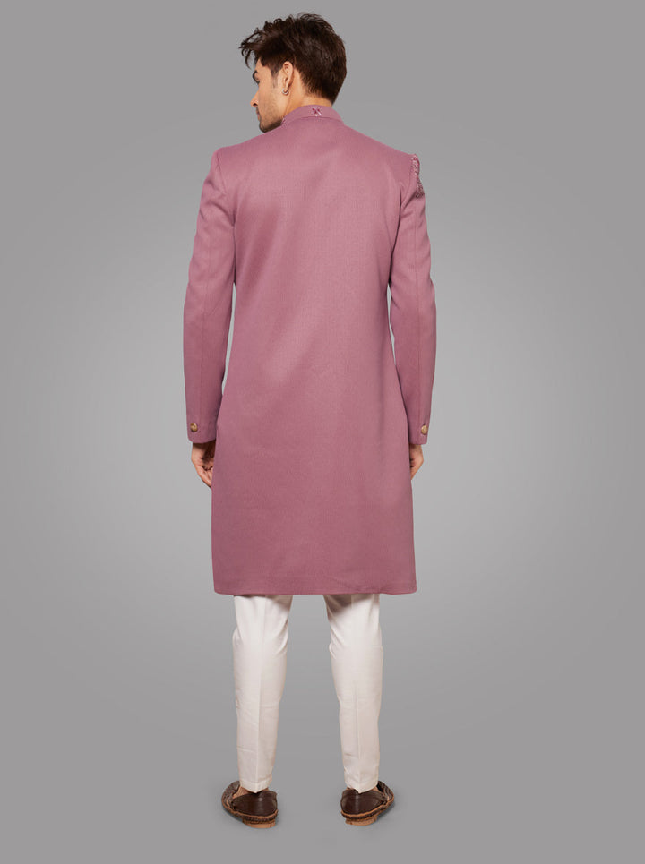 Men’s self-textured onion pink indowestern with cut dana and resham work