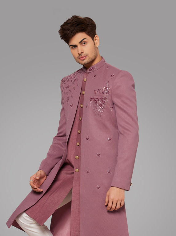 Self Textured Onion Pink Indowestern | Resham & Sequins Embroidery