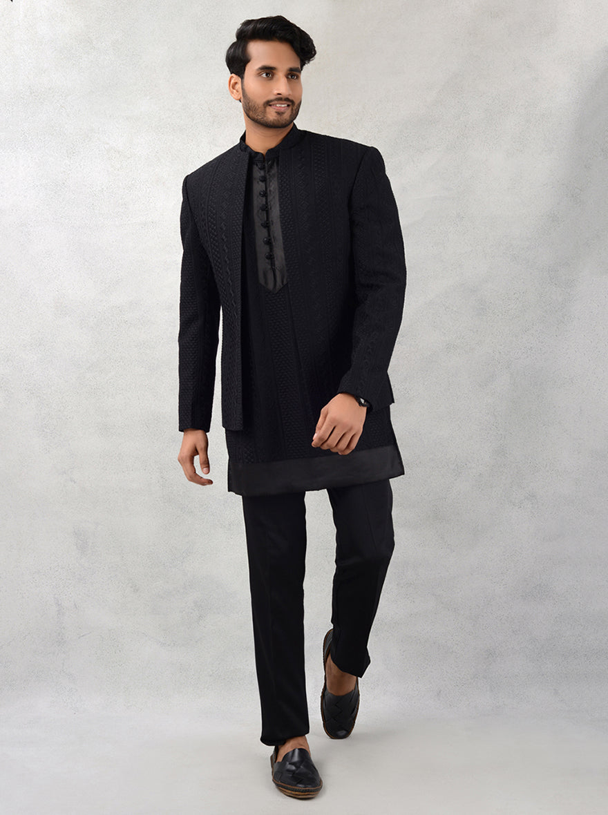 Black silk blend embroidered indowestern with mandarin collar
