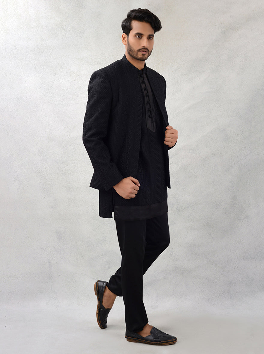Elegant black mandarin collar indowestern for celebrations