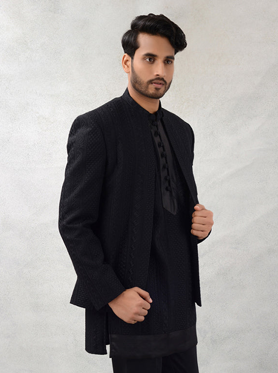 Silk Blend Embroidered Indowestern Outfit | Black Mandarin Collar