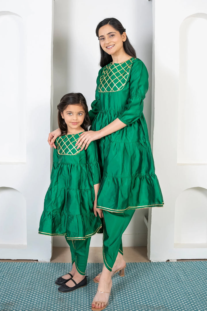 Green and Golden Tiered Kurta with Dhoti For Mom and Daughter Twin Set