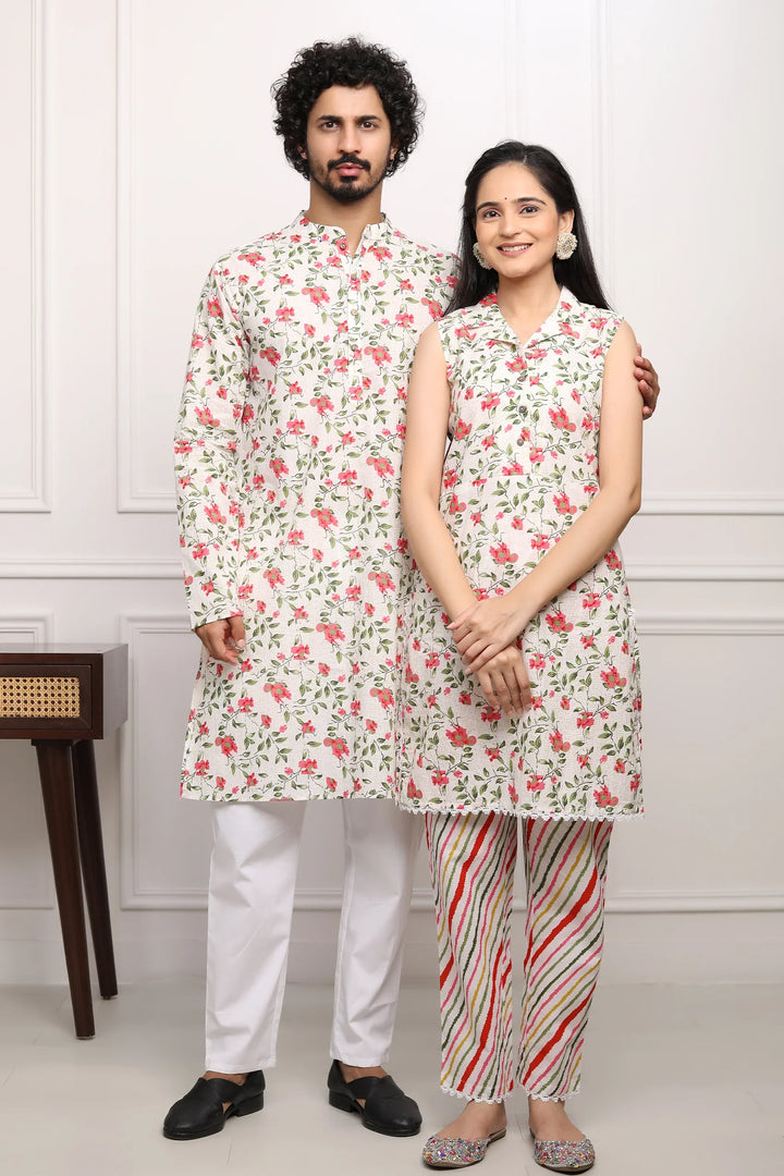 White and Multifloral  Collared  Suit With Matching Kurta Pyjama Couple Set