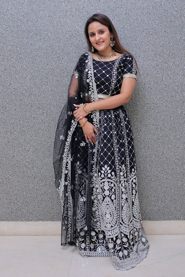 Elegant Black Lehenga Choli with White Sequins Mom and Daughter Twin Set