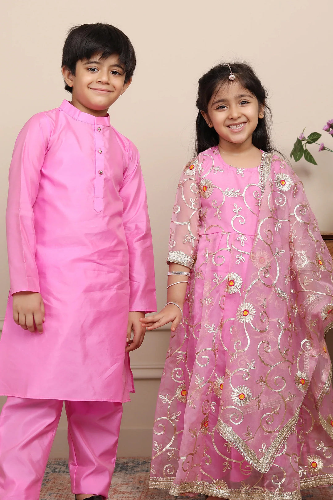 Elegant Ethnic Twin Set: Rouge & Silver Gota Patti Gown with Kurta Pyjama