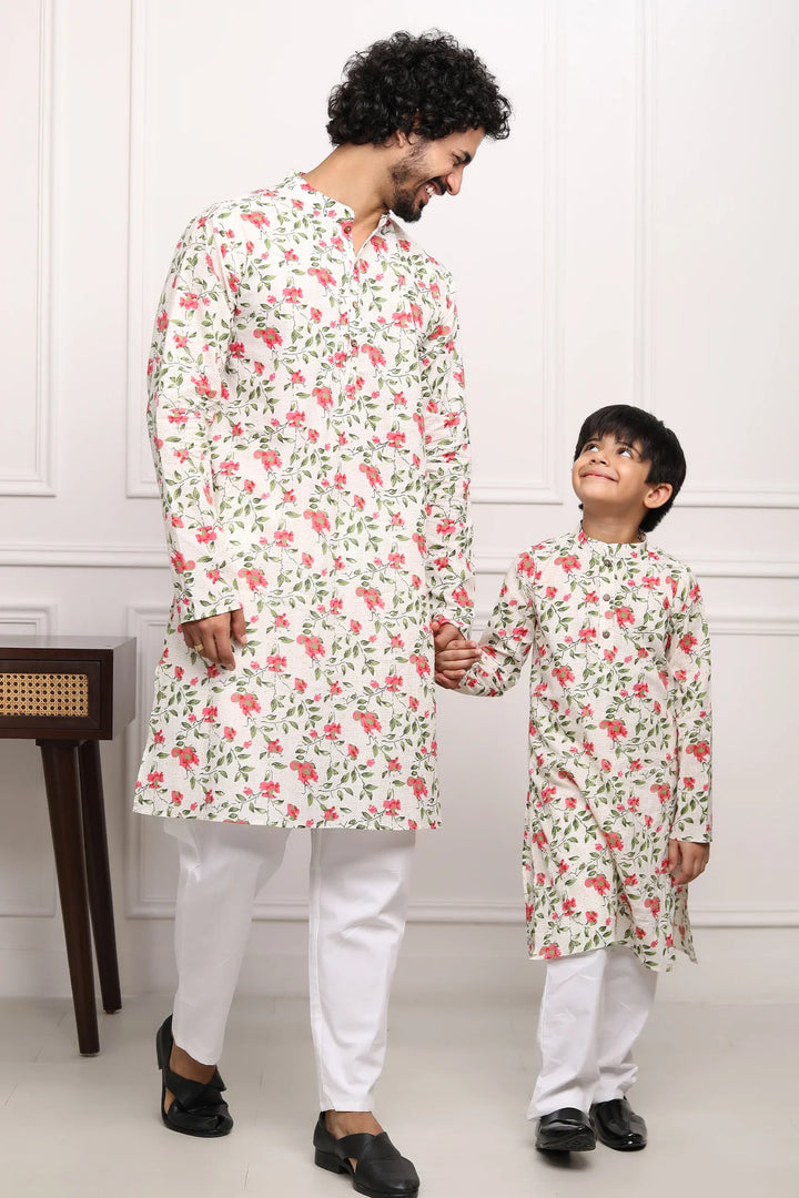 White Multi Floral Kurta With White Pyjama  Father & Son Twin Set