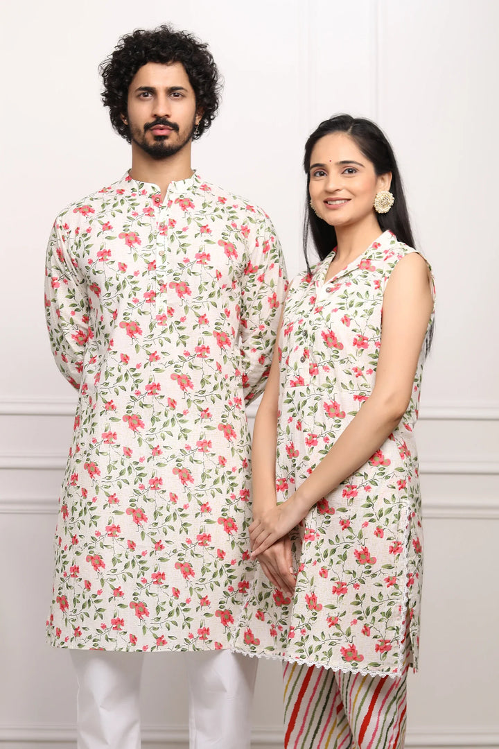 White and Multifloral  Collared  Suit With Matching Kurta Pyjama Couple Set