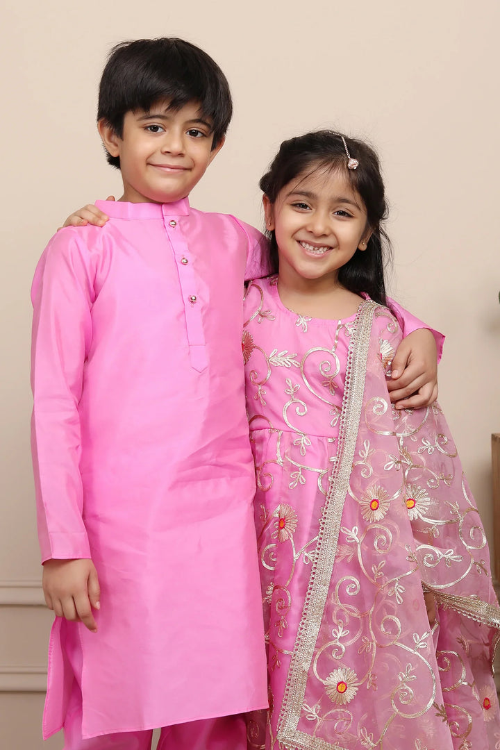 Elegant Ethnic Twin Set: Rouge & Silver Gota Patti Gown with Kurta Pyjama