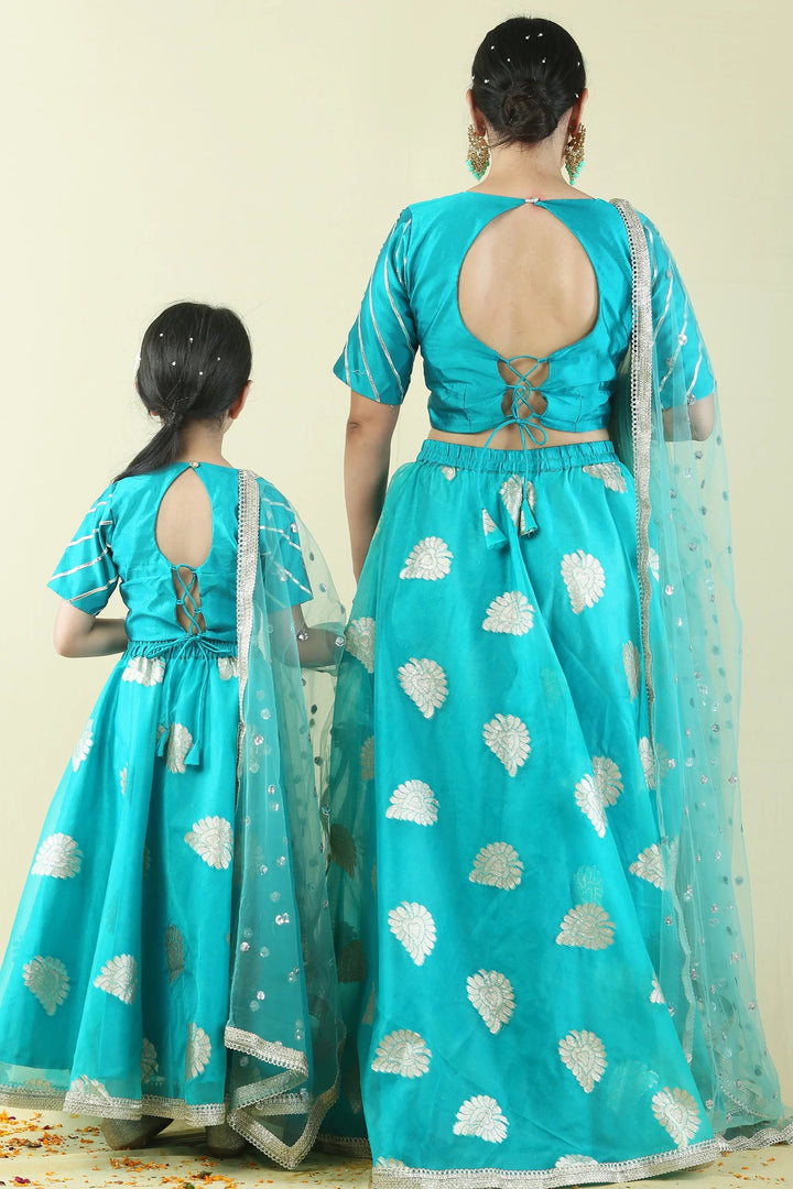 Mom and Daughter Twin Set: Teal & Golden Lehenga Choli