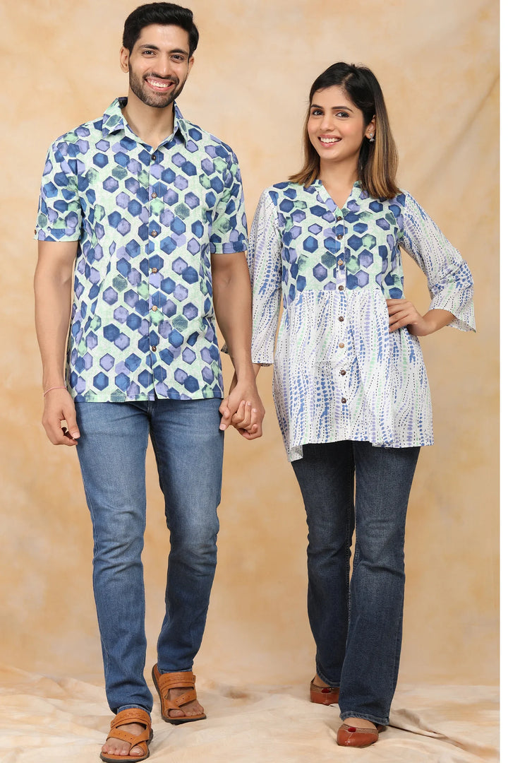 White and Blue Block printed Top with Matching Shirt Couple Twin Set