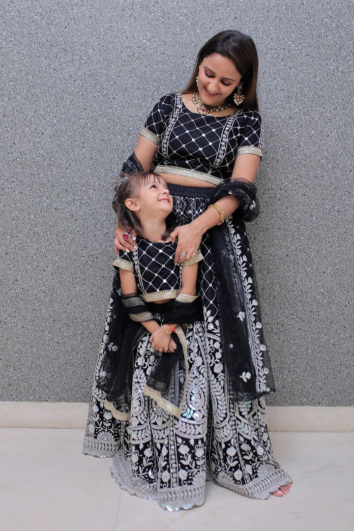 Elegant Black Lehenga Choli with White Sequins Mom and Daughter Twin Set