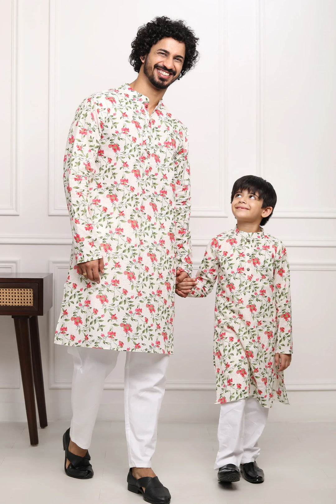 White Multi Floral Kurta With White Pyjama  Father & Son Twin Set