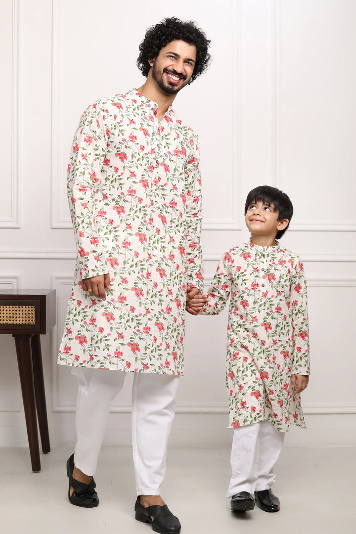 White Multi Floral Kurta With White Pyjama  Father & Son Twin Set