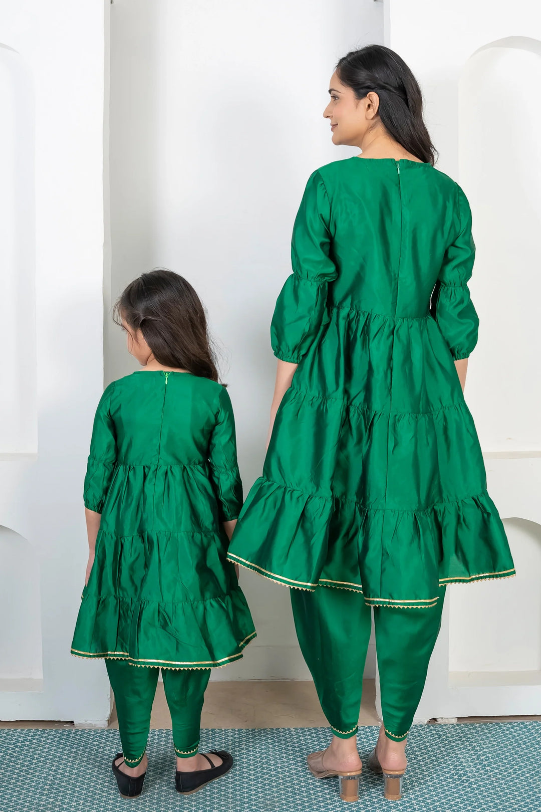 Green and Golden Tiered Kurta with Dhoti For Mom and Daughter Twin Set